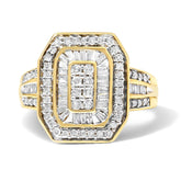 10K Yellow Gold 1.0 Cttw Diamond Vintage Inspired Baguette-Cut Double Halo Emerald-Shaped Frame Cocktail Ring (I-J Color, I1-I2 Clarity)