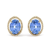 18K Yellow Gold 11x14MM Blue Fluorite Oval Stud Earrings with 1/2 Cttw Diamond Halo