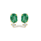 18K Yellow Gold Oval Green Emerald and Diamond Double Drop Stud Earrings