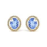 18K Yellow Gold 8X10 MM Blue Fluorite Oval and 1/2 Cttw Diamond Halo Stud Earrings