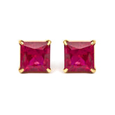 18K Yellow Gold 7x7 MM Created Red Ruby Princess Cut Solitaire Stud Earrings
