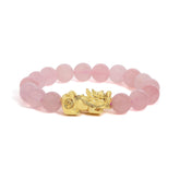 18K Yellow Gold Dragon Charm Natural Rose Quartz Beaded Charm Bracelet