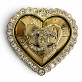 CHANEL L25K Coco Mark Heart Rhinestone Brooch, Gold, Made in France, Women's, with Box and Dust Bag — Like New