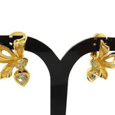 Christian Dior Earrings, Ribbon Motif, Gold Metal, Rhinestone, Women's — Like New
