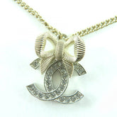 CHANEL B24K Coco Mark Ribbon Rhinestone Necklace, Champagne Gold, with Box, Made in Italy, Women's — Like New