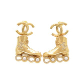 Unused Chanel Coco Mark Roller Skates Metal Rhinestone Faux Pearl Gold Earrings 1465CHANEL — Like New