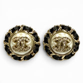 CHANEL B25 Coco Mark Crystal Leather Trim Pearl Earrings, White, Black, Gold Hardware, Made in France, Women's, with Box and Dust Bag — Like New