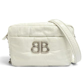 BALENCIAGA 806459 MONACO Arena Calfskin Chain Shoulder Bag, White with Silver Hardware, Women's, Dust Bag — Like New