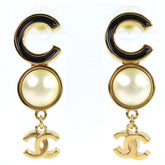 CHANEL ABE234 Coco Mark COCO Logo Faux Pearl Earrings (Pair) Gold Black Made in Italy Women's — Like New