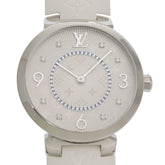 Like new Louis Vuitton Tambour MM Q13MJ white dial watch with 8 diamonds, stainless steel and rubber case, quartz movement, 33mm — Like New