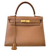 HERMES Kelly 28 Shoulder Bag/Handbag, 1993, Courchevel Leather, External Stitching, Natural, ◯W Stamp, Women's — Like New