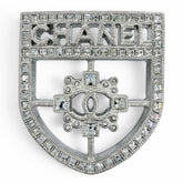CHANEL B15B Emblem Logo Coco Mark Rhinestone Brooch, Silver, Made in Italy, Women's, with Box — Like New