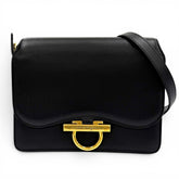 Salvatore Ferragamo Joanne Gancini Calf Leather Shoulder Bag, Black with Gold Hardware, Made in Italy, Women's — Like New