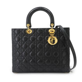 Christian Dior Cannage Lady Large 2-way Hand/Shoulder Handbag Leather Black Bag — Like New
