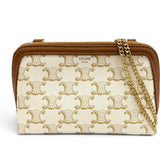 CELINE 10E382CBX Triomphe Canvas Logo Chain Clutch Bag Shoulder Off-White Brown Made in Italy Women's Comes with Box and Dust — Like New