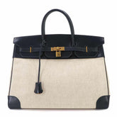 Hermes Birkin 40, Box Calf Leather, Toile H Blue Marine Beige, Handbag, 〇R Stamp, Made in 1988, Gold Hardware — Like New