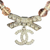 CHANEL (Chanel) 2023 Model B23S Coco Mark Ribbon Rhinestone Choker Necklace, Pink and Silver, with Box, Made in Italy, Women's — Like New