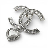CHANEL B23 Coco Mark Heart Rhinestone Pin Badge Brooch, Silver, Made in Italy, Women's — Like New