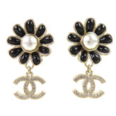CHANEL A22K GP Coco Mark Flower Rhinestone Faux Pearl Swing Earrings (Pair) Gold Black Made in France Women's Stylish and Cute Recommended ◎ — Like New
