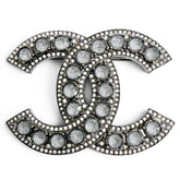 CHANEL C23B Coco Mark Rhinestone Gunmetal Brooch, Silver, Made in France, Women's, Comes with Box, Highly Recommended! — Like New