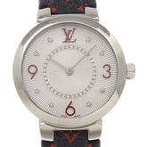 Louis Vuitton Tambour Slim Watch, 8 Diamonds, Q12MGA, Stainless Steel and Leather, Quartz Movement, Analog Display, Silver Dial, Women's — Very Good