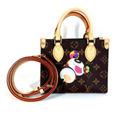 LOUIS VUITTON M13668 LV x TM Monogram On the Go BB Bag with Takashi Murakami Panda Design. This 2-way bag can be used as a shoulder or handbag. Made of canvas, this brown is like new — Like New