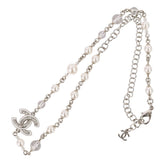 A25C CHANEL Rhinestone Coco Mark Pearl Necklace, Silver/White, Women's — Like New