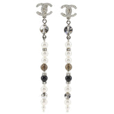 Chanel Coco Mark Earrings, Long, Metal x Faux Pearl Rhinestone, 2019 Model, Silver, A19K Gold, Approx. 11.0g, Women's — Like New