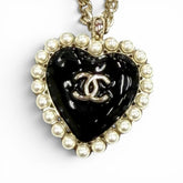CHANEL B25 Coco Mark Pearl Heart Pendant Necklace, Black, White, Gold Hardware, Made in Italy, Women's, with Box and Dust Bag — Like New