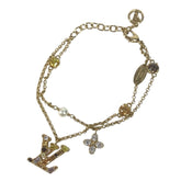 LOUIS VUITTON M1683A Bangle Accessory, Double Strand, Ladies' LV Metal Strass Faux Pearl Rhinestone Chain Bracelet, Metal, Men's & Women's, Gold — Like New