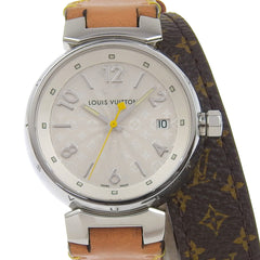 Louis Vuitton Tambour Watch Q1313 Stainless Steel x Monogram Canvas Quartz Analog Display White Dial Women's — Very Good
