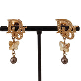Christian Dior Rhinestone Logo Butterfly Pearl Swing Earrings, GP Gold Color, Women's — Like New