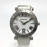 TIFFANY & Co. Z1300.11.11A20A41A White Ceramic Atlas Quartz Date Watch with Stainless Steel and Leather Strap, Silver — Good