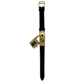 HERMES Vintage Kelly Watch, Leather, Genuine GP Finish, Wristwatch, Black & Gold, 82135 — Good