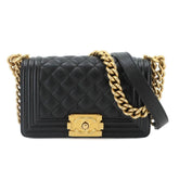 Chanel Boy Small Chain Shoulder Handbag, Caviar Leather, Black, A67085, Gold Hardware — Like New
