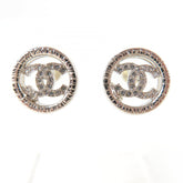 CHANEL AB9068 A22A Metal Coco Mark Rhinestone Circle Earrings, Silver, with Box, Made in France, Women's — Like New