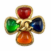 CHANEL Vintage 96A Coco Mark Gripoix Flower Brooch, Multi-colored, Gold Hardware, with Box, Made in France, Women's — Like New