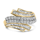10K Yellow Gold 1.0 Cttw Round & Baguette Cut Diamond 64 Stone Bypass Style Channel Set Modern Statement Ring (H-I Color, SI1-SI2 Clarity)