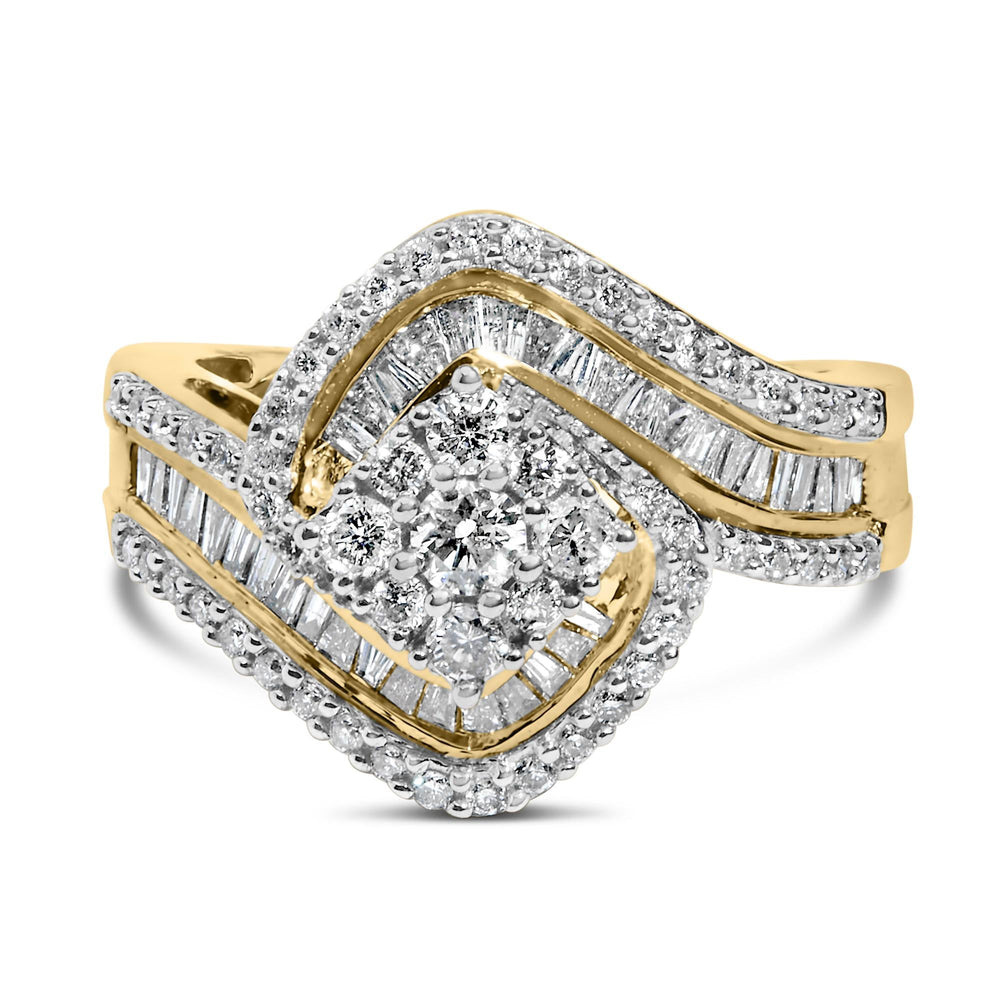 14K Yellow Gold 1.0 Cttw Baguette & Brilliant-Cut Diamond Round Floral Cluster Engagement or Fashion Ring with Swirl Wrapped Triple Row Band (H-I Color, SI2-I1 Clarity)