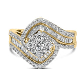 14K Yellow Gold 1.0 Cttw Baguette & Brilliant-Cut Diamond Round Floral Cluster Engagement or Fashion Ring with Swirl Wrapped Triple Row Band (H-I Color, SI2-I1 Clarity)