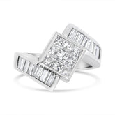 14K White Gold 2 1/5 Cttw Invisible-Set Princess and Channel-Set Baguette Diamond Bypass Kite-Set Ring (G-H Color, VS2-SI1 Clarity)