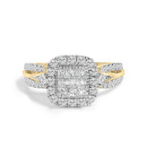 10K Yellow Gold 1.0 Cttw Diamond Composite Cushion-Shape Halo 3-Band-Look Engagement Ring (H-I Color, SI1-SI2 Clarity)