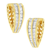 14K Yellow and White Gold 1.0 Cttw Channel Set Round and Baguette Diamond Multi Row Huggy Hoop Earrings (I-J Color, I2-I3 Clarity)