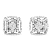 .925 Sterling Silver 1.0 Cttw Round Diamond Double Halo and Disc Stud Earring (I-J Color, I2-I3 Clarity)