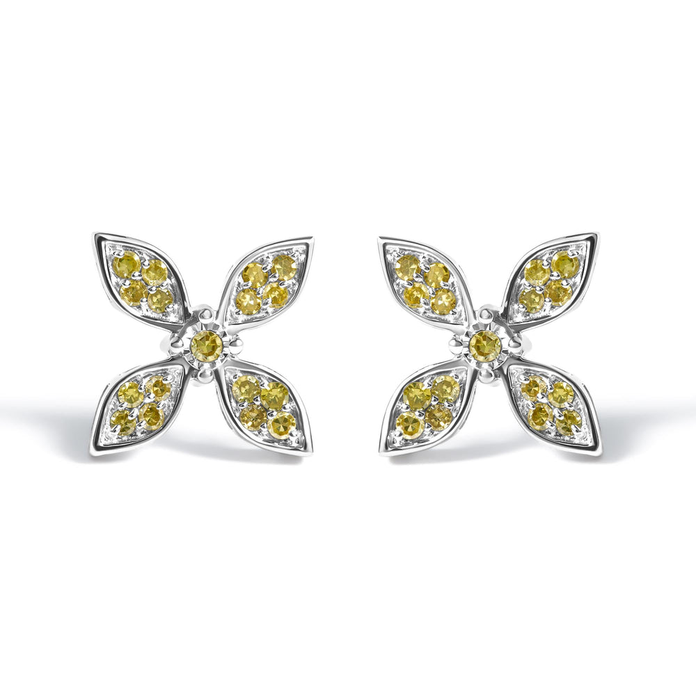 Sterling Silver Yellow Treated Diamond Accent Floral Stud Earrings