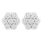 14K White Gold 7 Stone Floral Cluster Round Brilliant Cut Diamond Stud Earrings with Screw Backs(I-J, SI2-I1)
