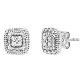 .925 Sterling Silver 1/10 Cttw Prong-Set Round Cut Diamond Square Shape with Milgrain Halo Stud Earrings (I-J Color, I2-I3 Clarity)