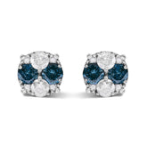 .925 Sterling Silver 2.0 Cttw Blue Diamond Composite Cluster Stud Earring