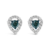 Sterling Silver 1/2 Cttw Blue and White Diamond Pear Shape Halo Stud Earrings