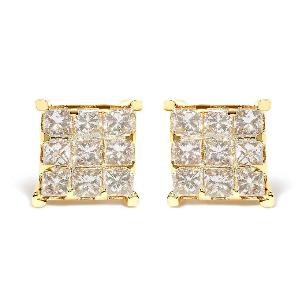 14K Yellow Gold 1 1/2 Cttw Invisible Set Princess-Cut Diamond 9 Stone Square Stud Earrings (J-K Color, SI2-I1 Clarity)